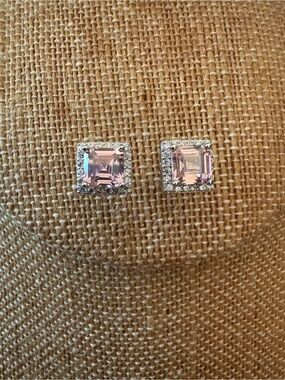 Solid Sterling Silver Asscher Cut Pink Sapphire Halo Earrings.